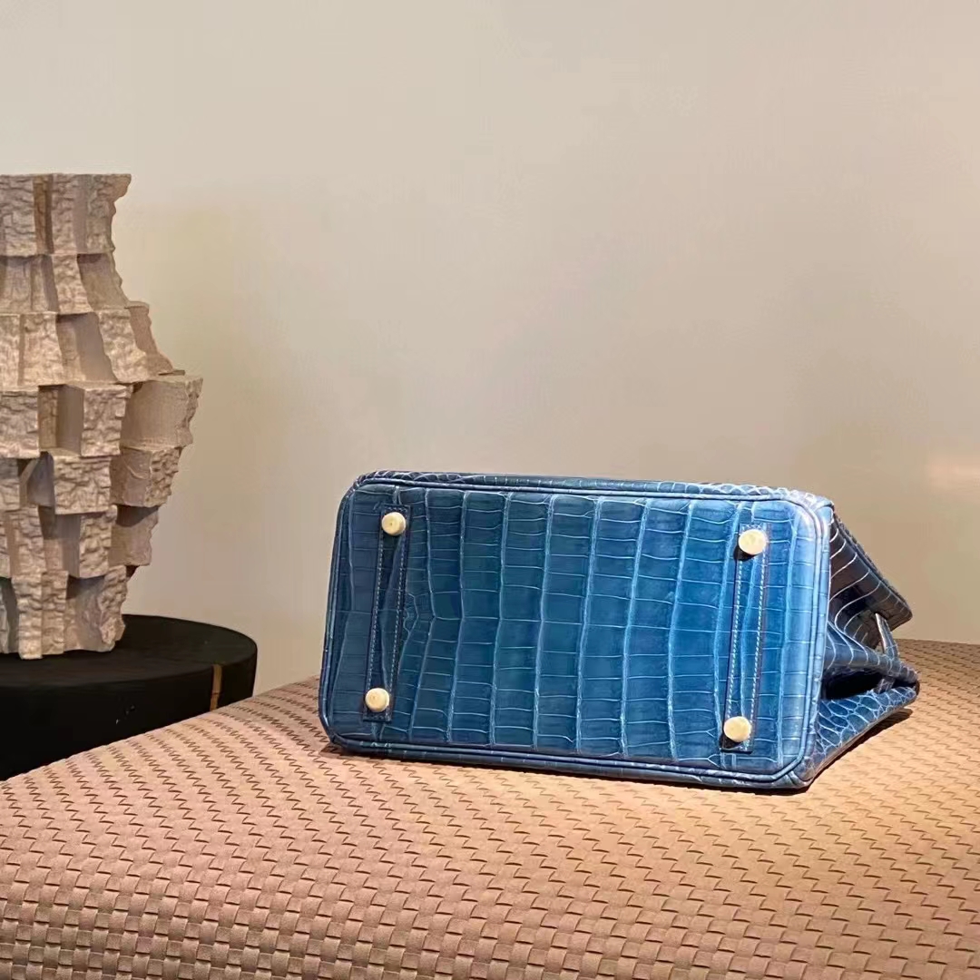 HERMES 爱马仕 Birkin 25CM N7 Bleu Tempete风暴蓝 Alligator 美洲鳄 进口蜜蜡线 全手工制作