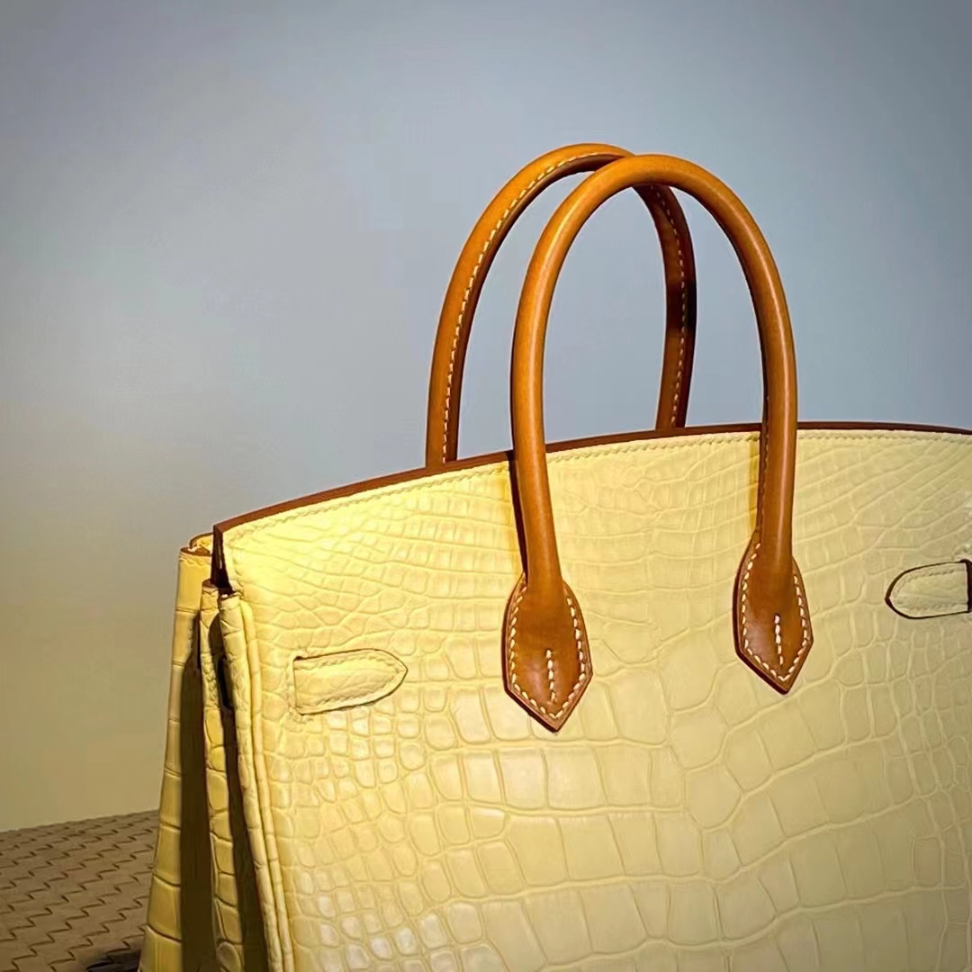 HERMES 爱马仕  Birkin 25CM 1Z Jaune Poussin 小鸡黄 拼 CK37 金棕色 Alligator 美洲鳄 进口蜜蜡线 全手工制作