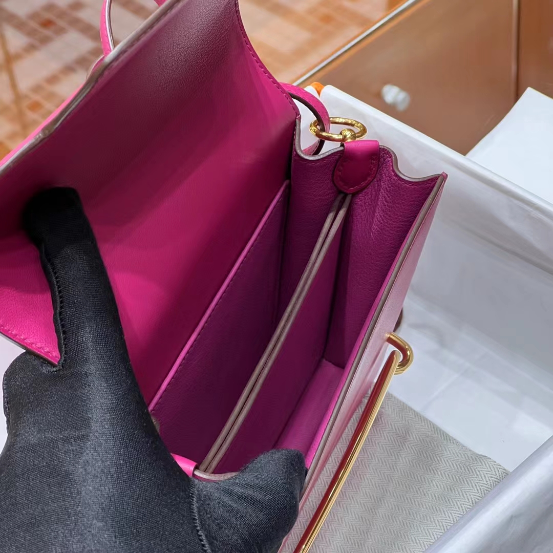 HERMES 爱马仕 猪鼻子包 Roulis 18cm 5J Fuchsia 桃粉 进口蜜蜡线 全手工制作