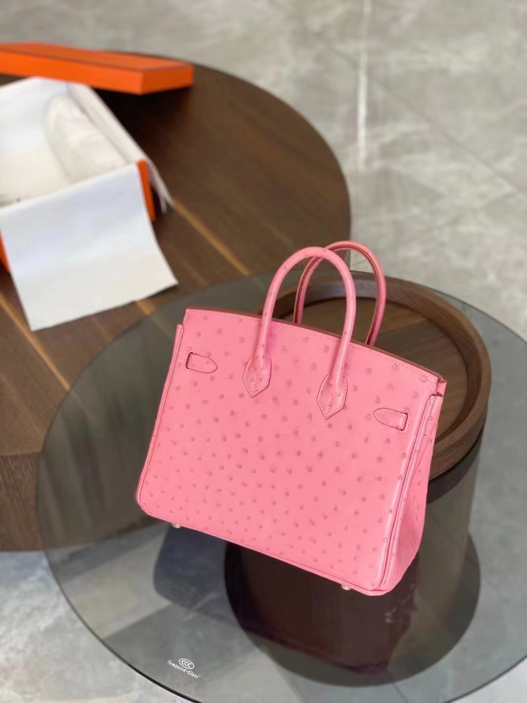 HERMES 爱马仕 【现货】 Birkin 25CM Ostrich 鸵鸟皮 U5 Rose eLipstick 唇膏粉现货 进口蜜蜡线 全手工制作