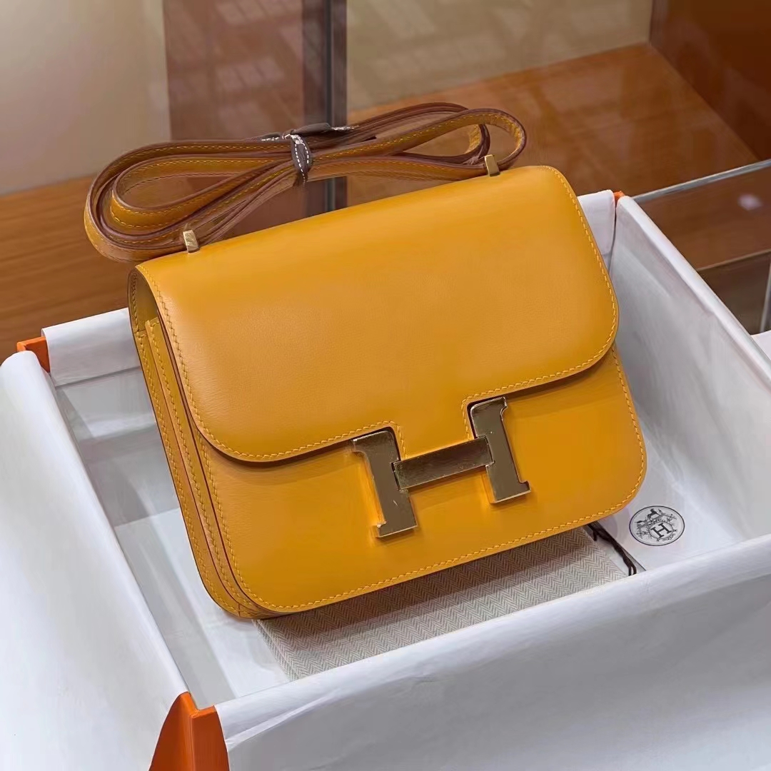 HERMES 爱马仕 【现货】 空姐包 Constance 9D 琥珀黄 BOX 现货 进口蜜蜡线 全手工制作