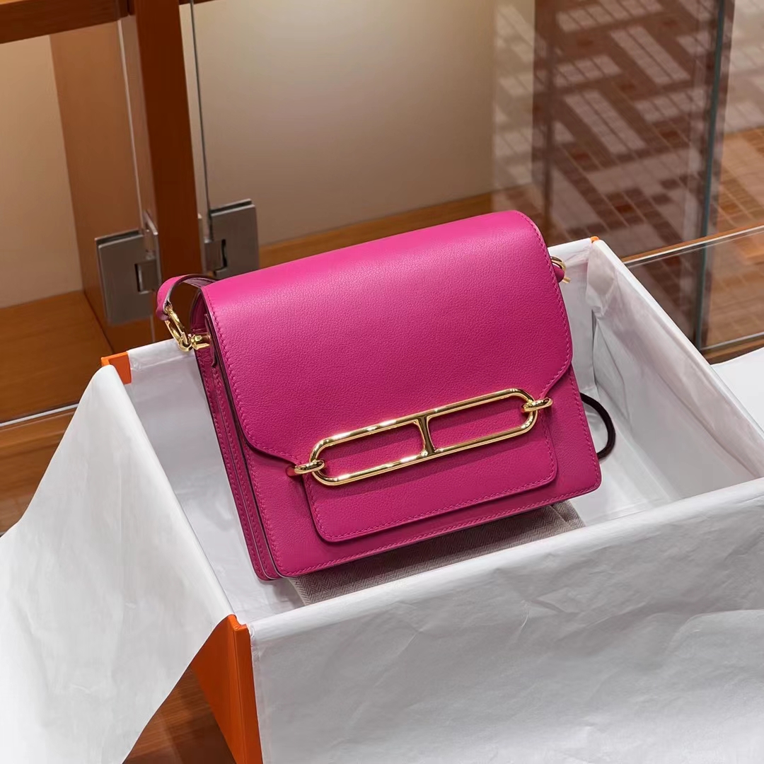 HERMES 爱马仕 猪鼻子包 Roulis 18cm 5J Fuchsia 桃粉 进口蜜蜡线 全手工制作