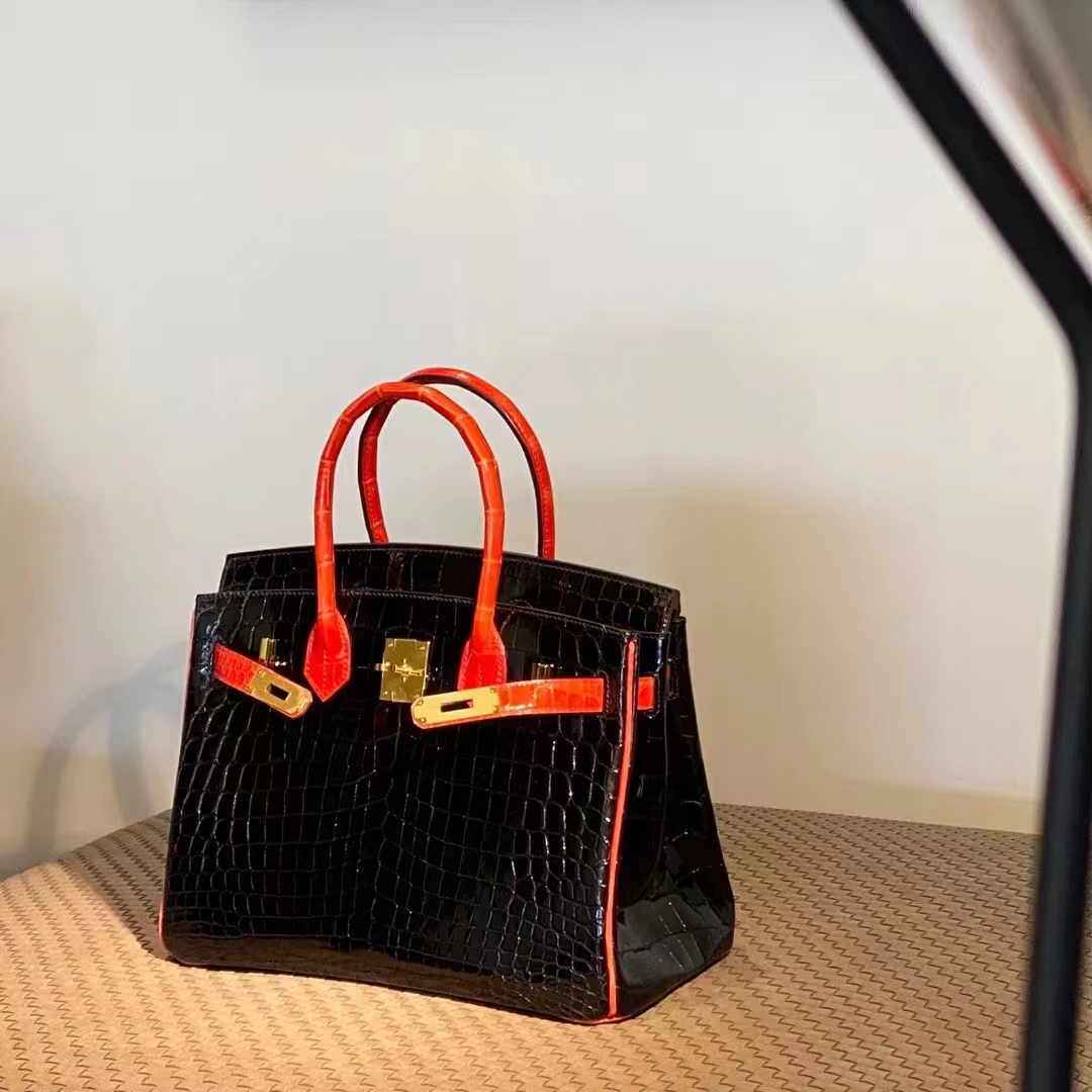 HERMES 爱马仕  Birkin 25CM CC89 Nior 黑色 拼 93 Orange 橙色 Alligator 美洲鳄 进口蜜蜡线 全手工制作