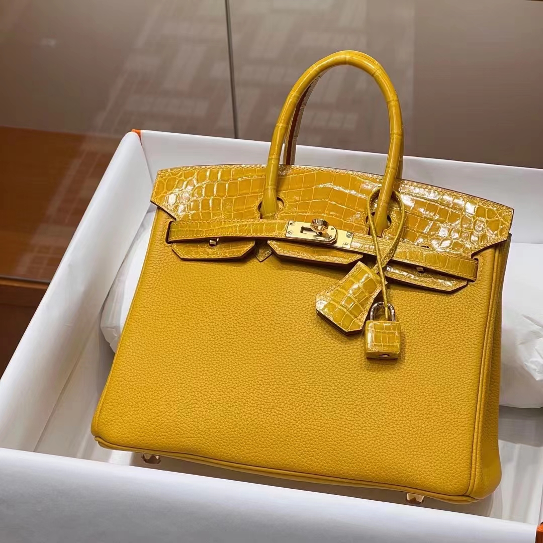 HERMES 爱马仕 【现货】 Birkin 25cm 9D 琥珀黄 TOGO皮拼哑光鳄鱼皮 进口蜜蜡线 全手工制作