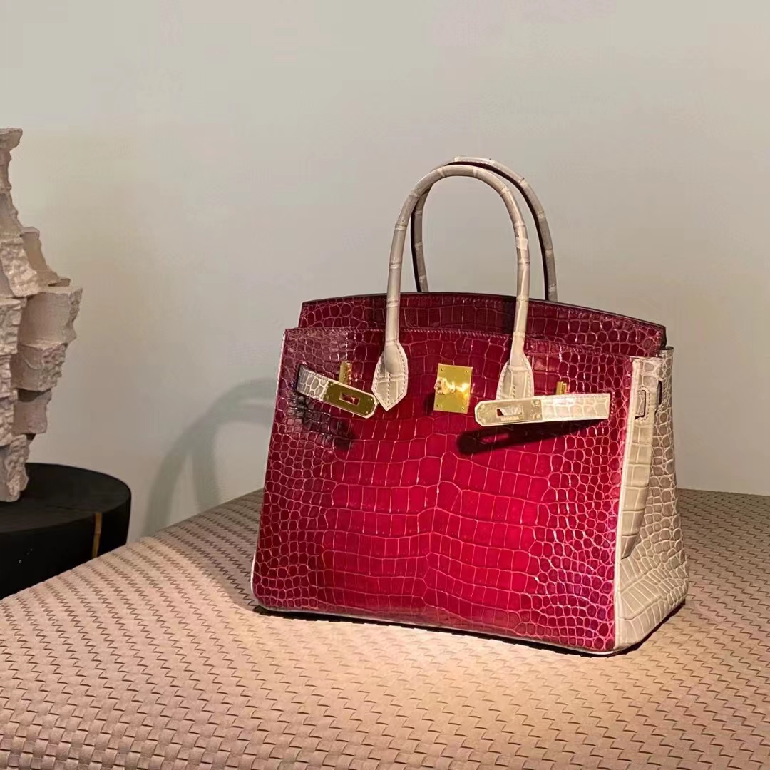 HERMES 爱马仕  Birkin 25CM B5 Rubis宝石红 拼 80 Gris Perle 珍珠灰 Alligator 美洲鳄 进口蜜蜡线 全手工制作
