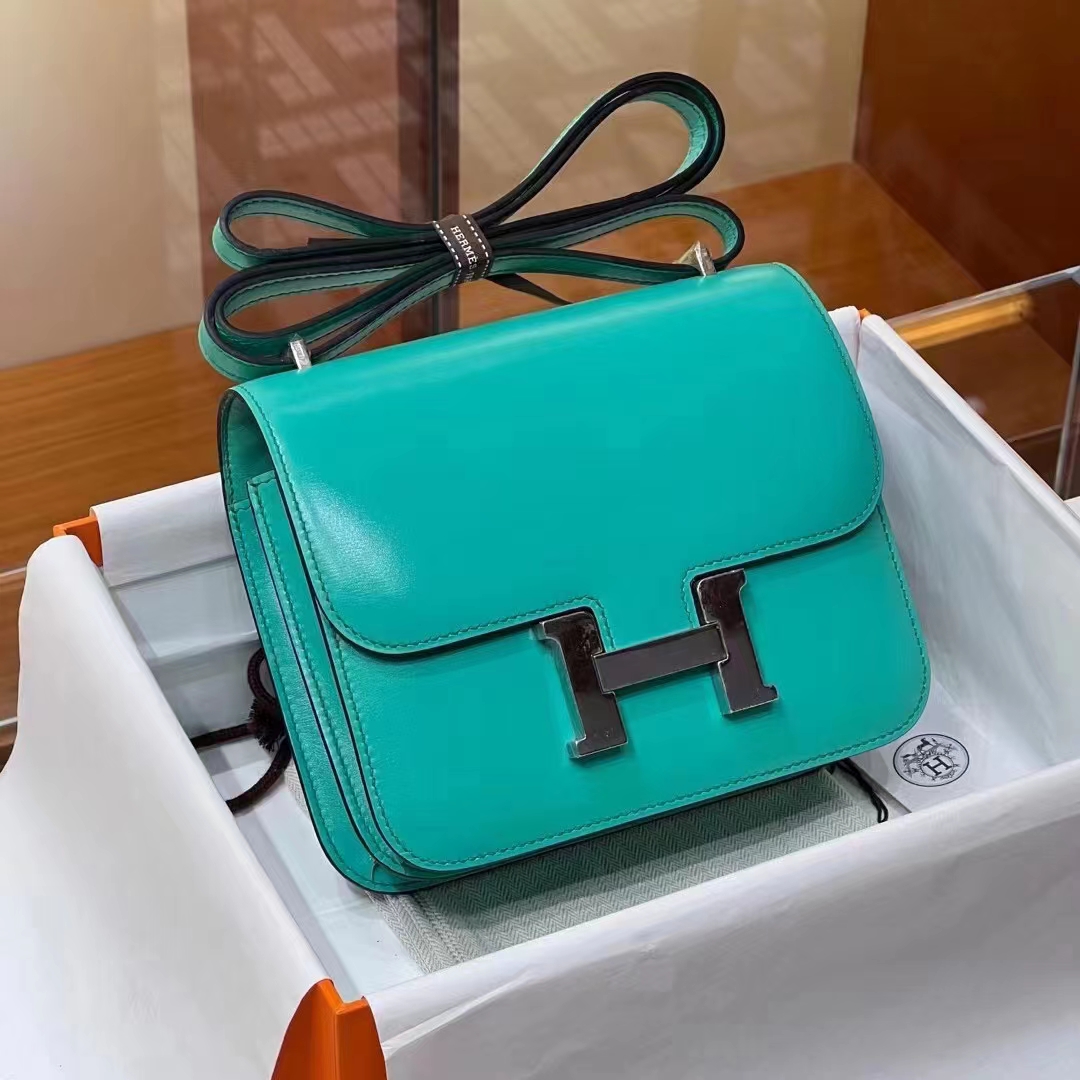 HERMES 爱马仕 【现货】 空姐包 Constance 7F Bleu Paon孔雀蓝 BOX 现货 进口蜜蜡线 全手工制作