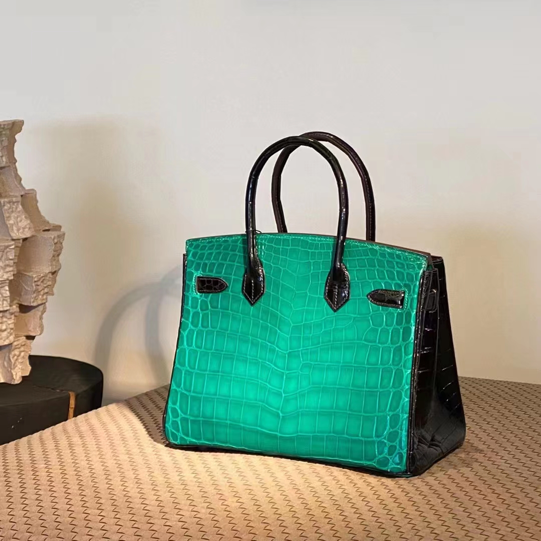 HERMES 爱马仕  Birkin 25CM 6I Vert Florentin翡翠绿  拼 CC89 Nior 黑色 Alligator 美洲鳄 进口蜜蜡线 全手工制作