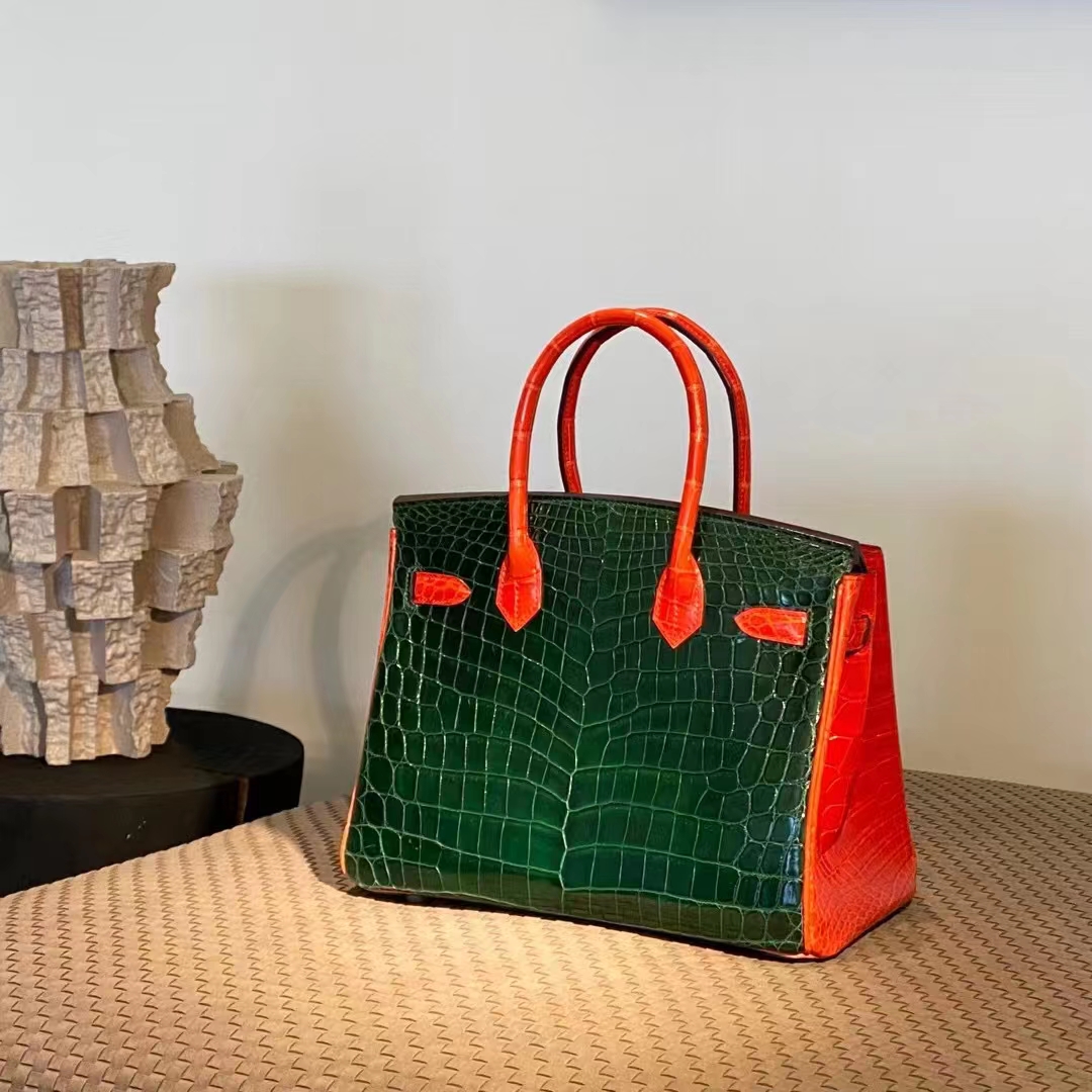 HERMES 爱马仕  Birkin 25CM 67 Vert Fonce 祖母绿 拼 93 Orange 橙色 Alligator 美洲鳄 进口蜜蜡线 全手工制作