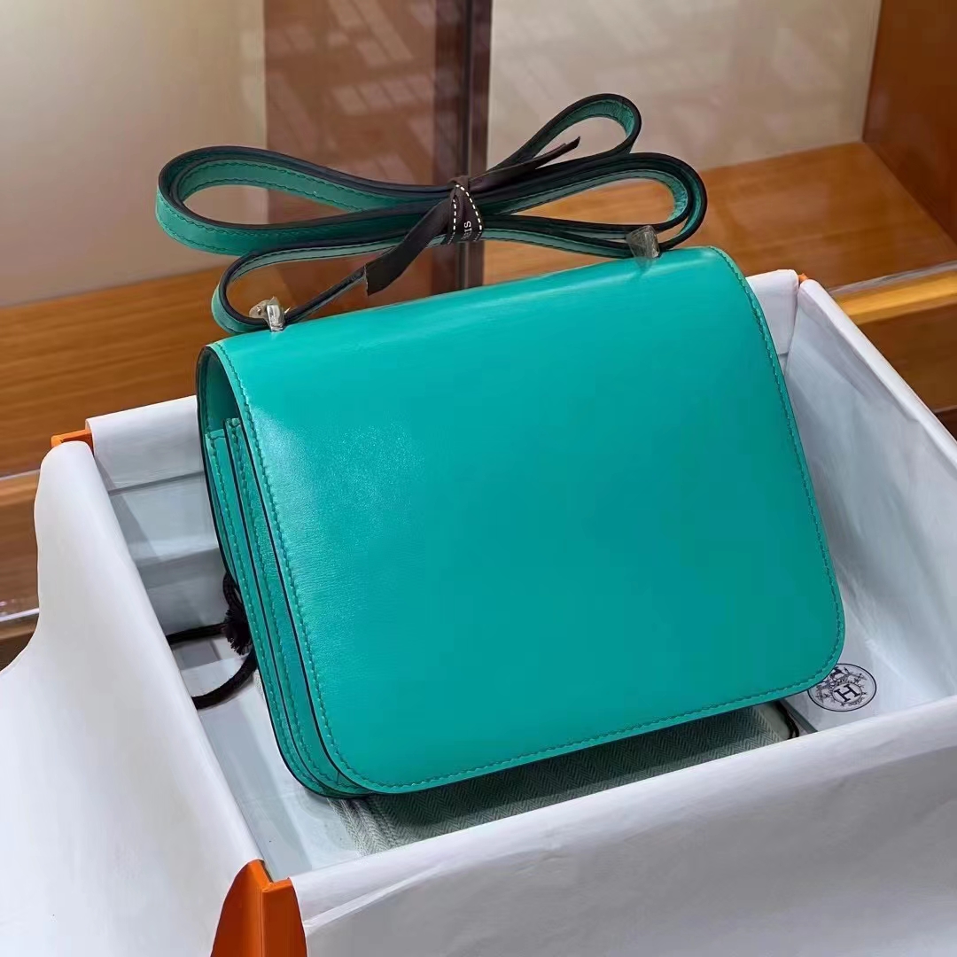 HERMES 爱马仕 【现货】 空姐包 Constance 7F Bleu Paon孔雀蓝 BOX 现货 进口蜜蜡线 全手工制作