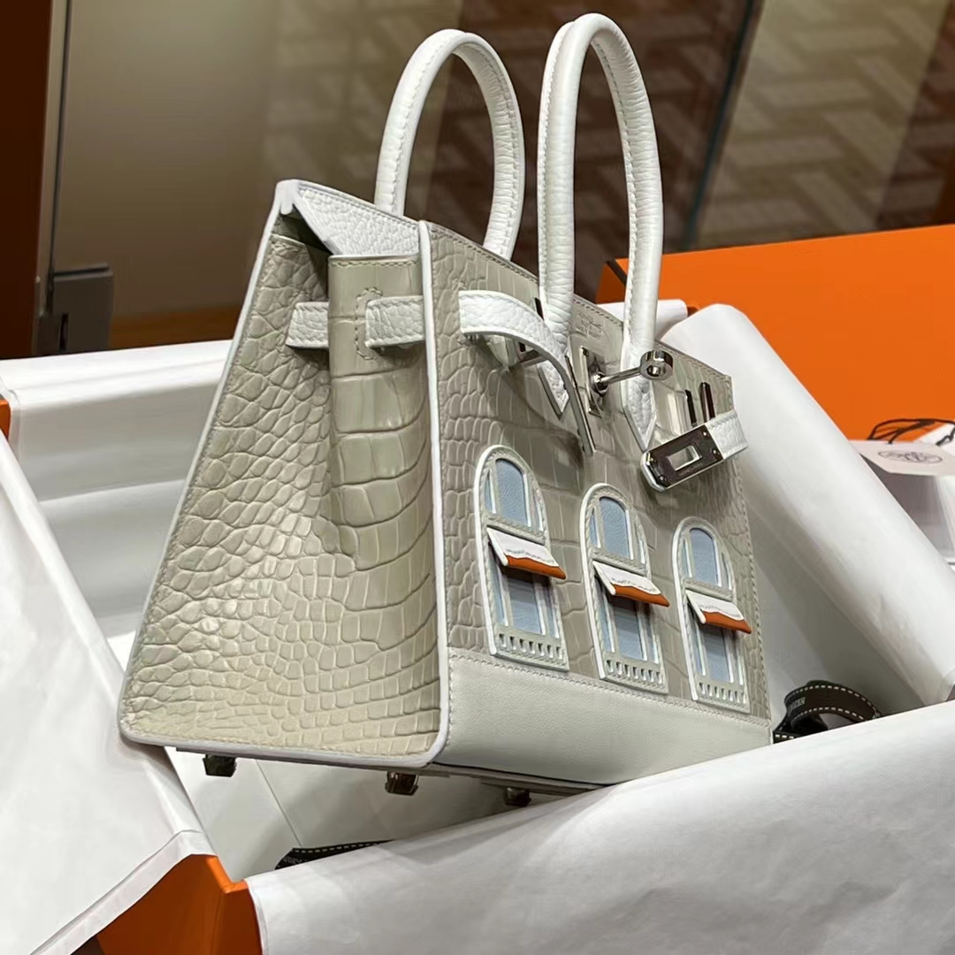 HERMES 爱马仕  Birkin 小房子 Craie 10 奶昔白 Alligator 美洲鳄 进口蜜蜡线 全手工制作
