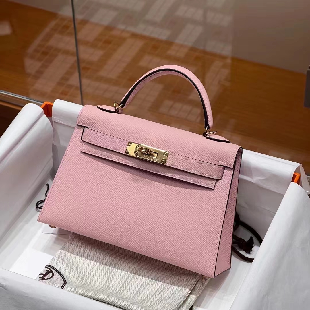 HERMES 爱马仕 MiniKelly 2 3Q 奶昔粉 Epsom皮 进口蜜蜡线 全手工制作