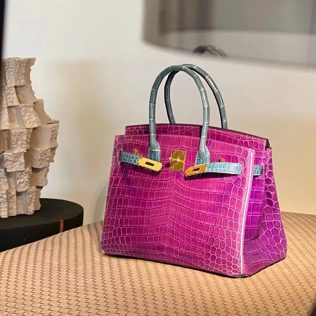 HERMES 爱马仕  Birkin 25CM 5J 天方夜谭紫 拼 75 Blue Jean牛仔蓝 Alligator 美洲鳄 进口蜜蜡线 全手工制作