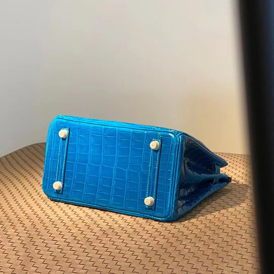 HERMES 爱马仕  Birkin 25CM T7 Bleu Hydra水妖蓝 Alligator 美洲鳄 进口蜜蜡线 全手工制作
