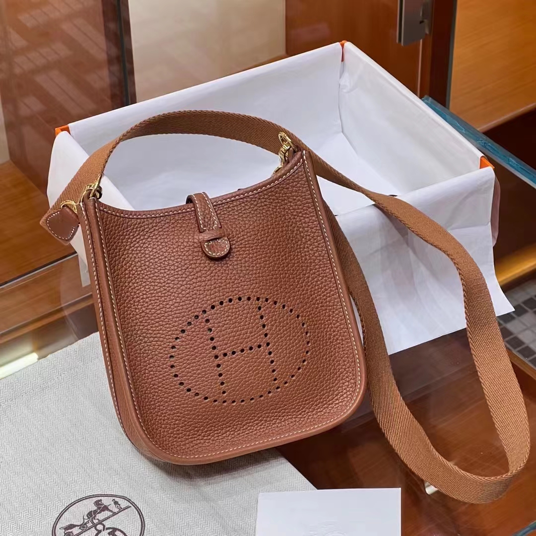 HERMES 爱马仕 Mini Evelyne CK37 金棕色 一正一反组合双面 进口蜜蜡线 全手工制作