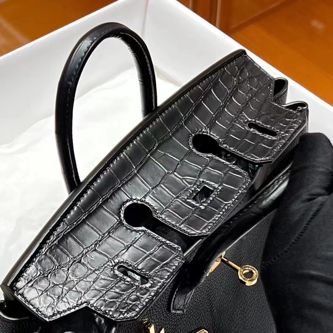 HERMES 爱马仕 【现货】 Birkin 25cm CC89 Nior 经典黑 TOGO皮拼哑光鳄鱼皮 进口蜜蜡线 全手工制作
