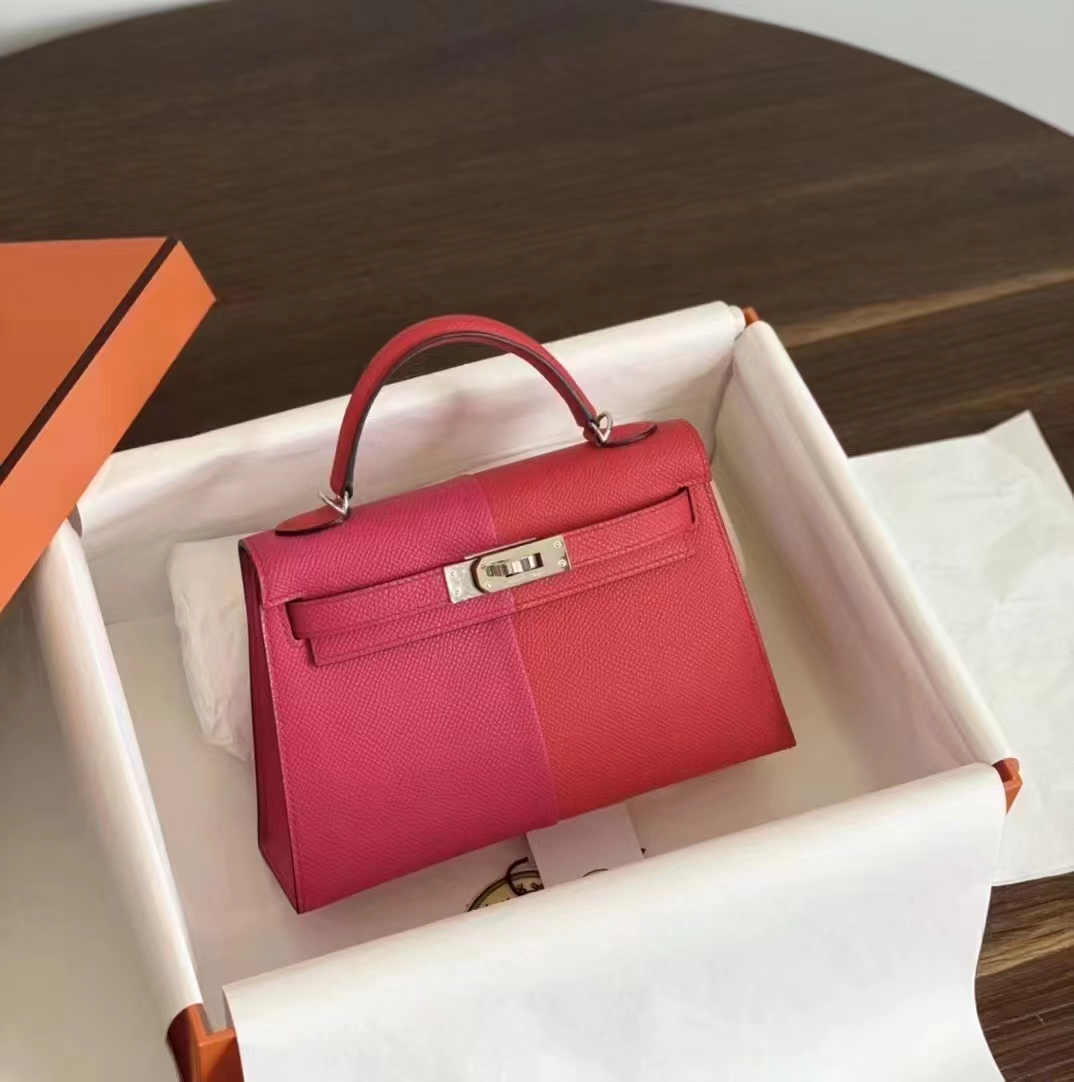 HERMES 爱马仕 MiniKelly 2 5U Rose Dragee糖果粉 Q5国旗红 进口蜜蜡线 全手工制作