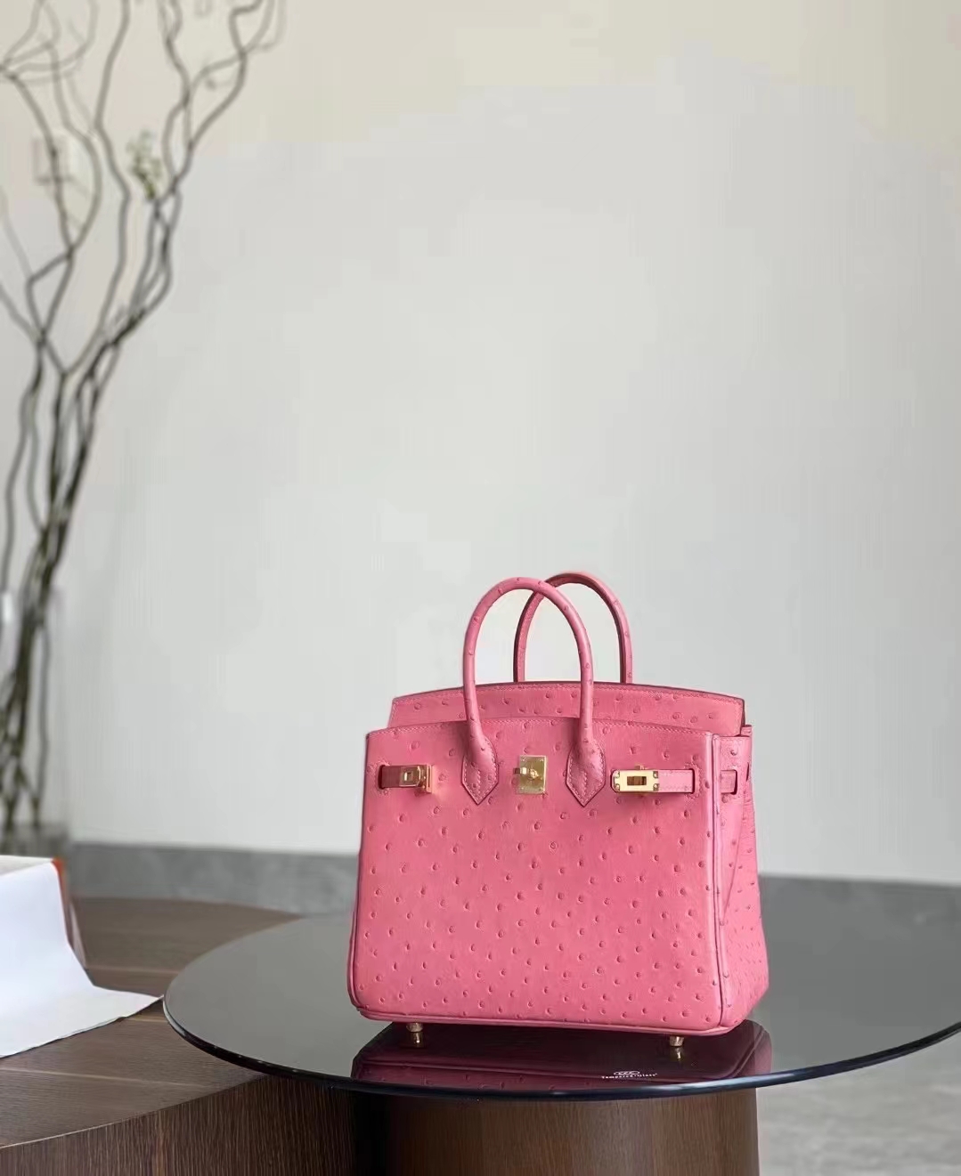 HERMES 爱马仕 【现货】 Birkin 25CM Ostrich 鸵鸟皮 U5 Rose eLipstick 唇膏粉现货 进口蜜蜡线 全手工制作