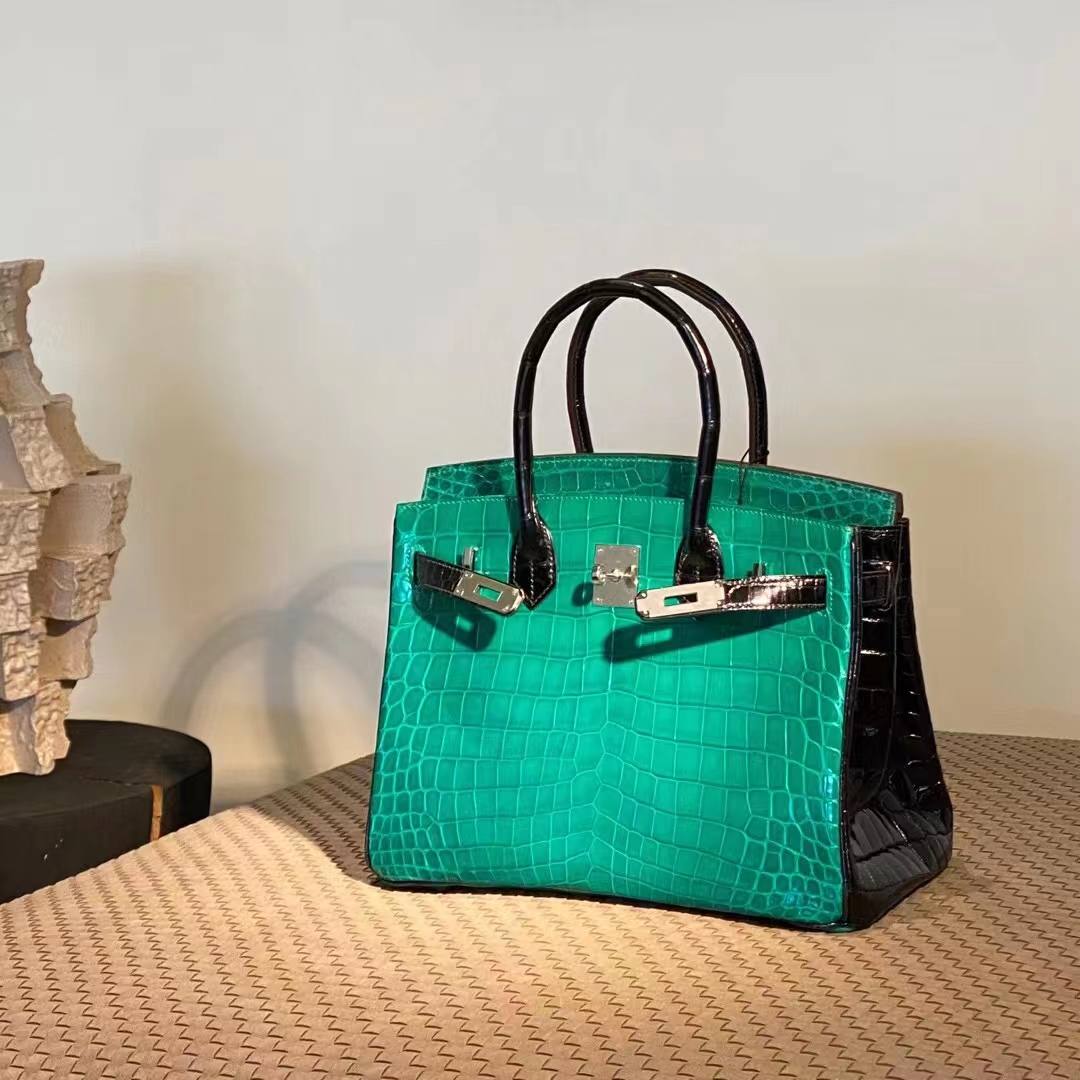 HERMES 爱马仕  Birkin 25CM 6I Vert Florentin翡翠绿  拼 CC89 Nior 黑色 Alligator 美洲鳄 进口蜜蜡线 全手工制作