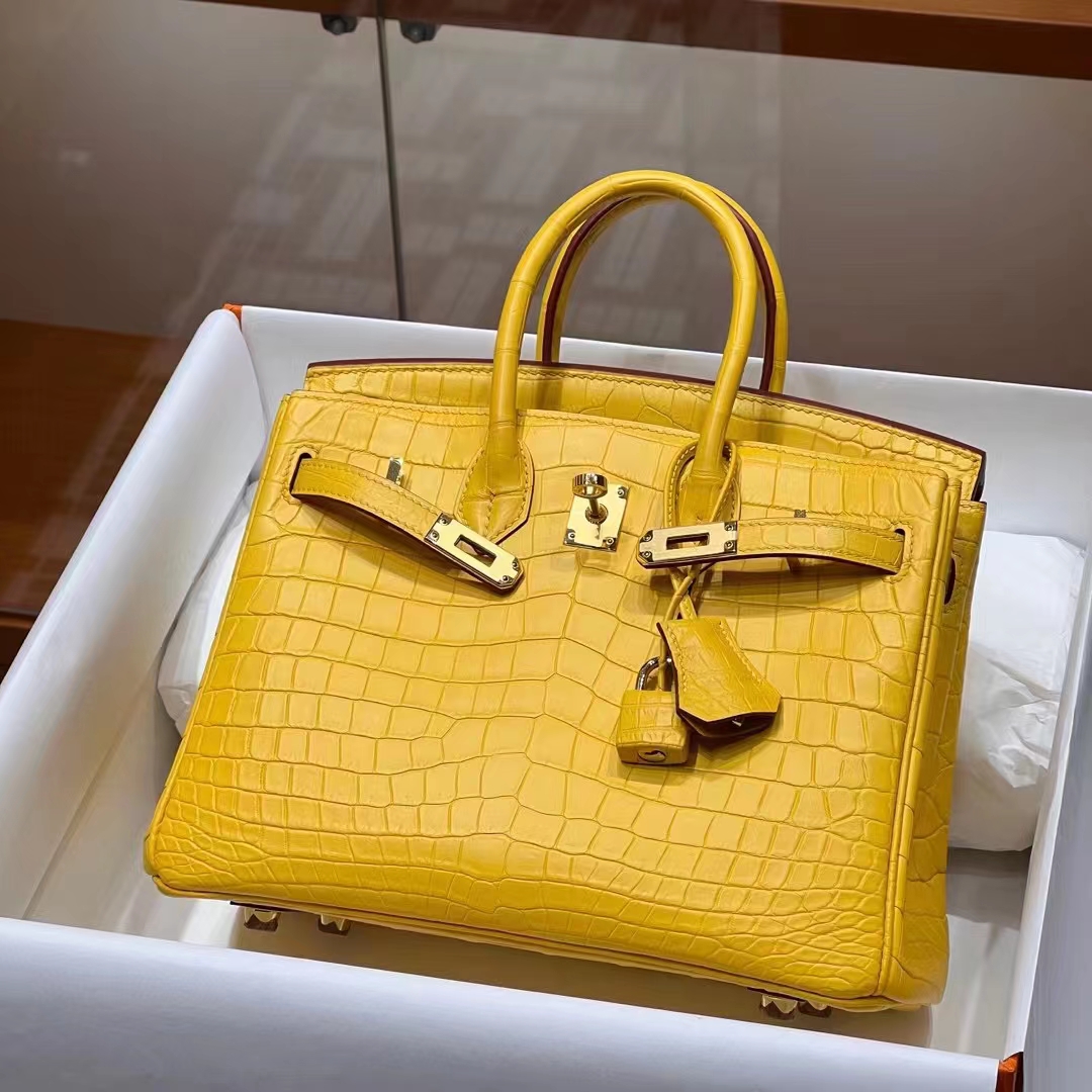 HERMES 爱马仕 【现货】 Birkin 25cm 9D 琥珀黄 哑光鳄鱼 进口蜜蜡线 全手工制作