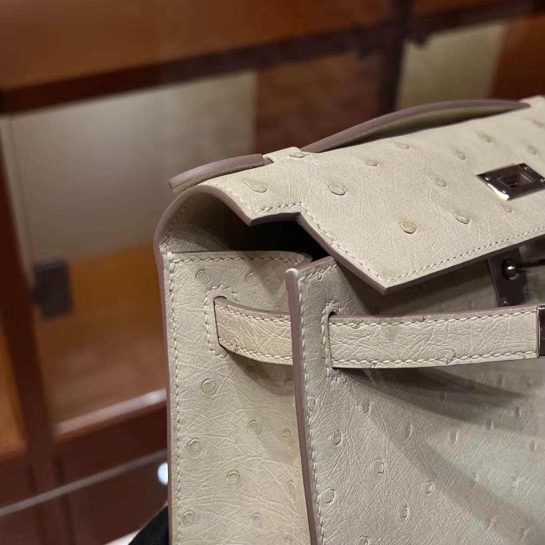 HERMES 爱马仕 MiniKelly 1 Kelly Pochetto【现货】10 Craie粉笔白 Ostrich 鸵鸟皮 现货 进口蜜蜡线 全手工制作 铂金女王 Birkinmm