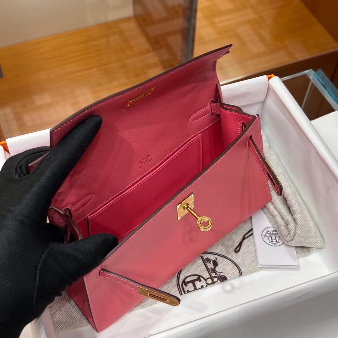 HERMES 爱马仕 MiniKelly 1 Kelly Pochetto U5 Rose eLipstick唇膏粉 Swift  现货 进口蜜蜡线 全手工制作 铂金女王 Birkinmm