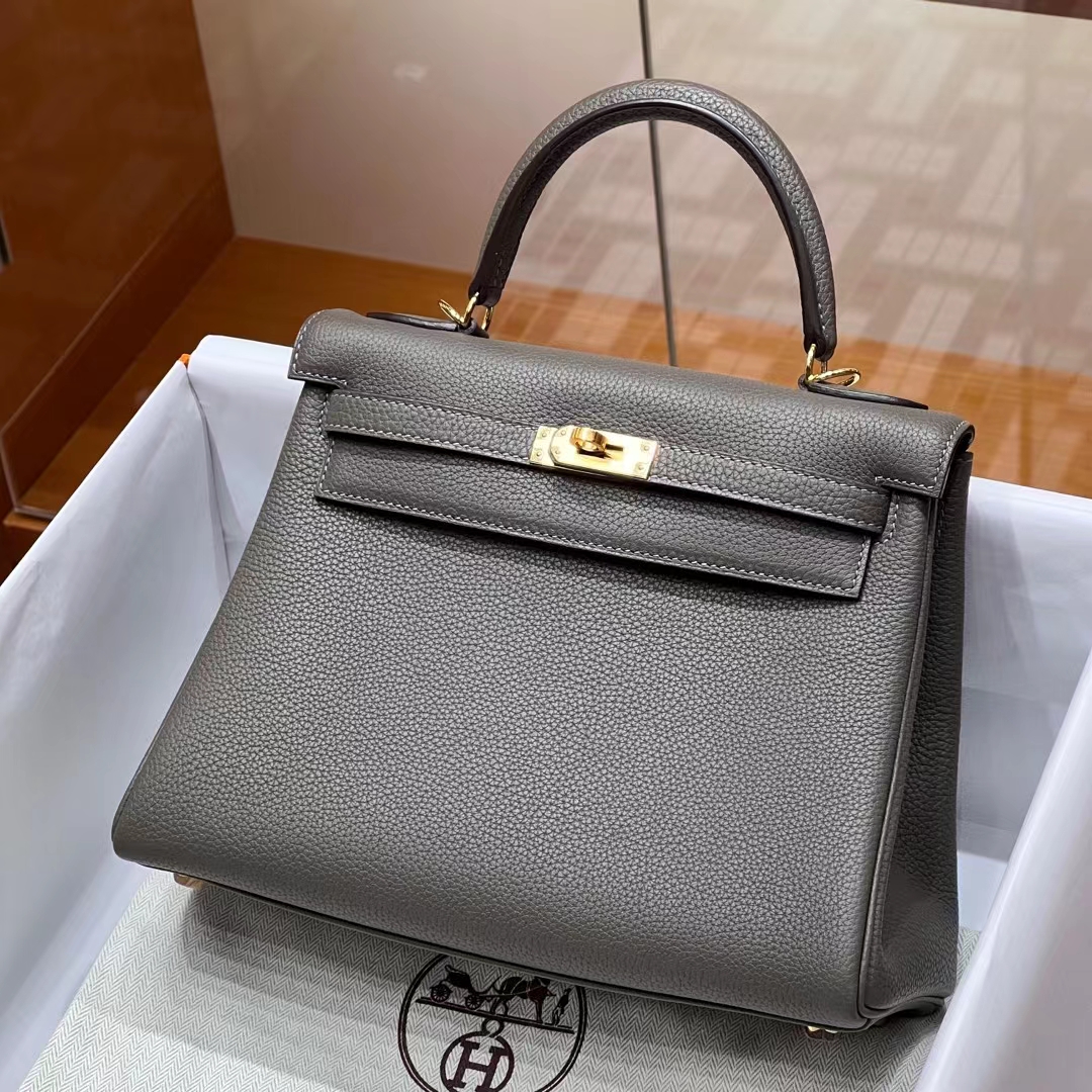 HERMES 爱马仕 Kelly 25cm 8F Etain 锡器灰 TOGO牛皮 进口蜜蜡线 全手工制作 蜜蜡线内缝 Birkinmm 铂金女王