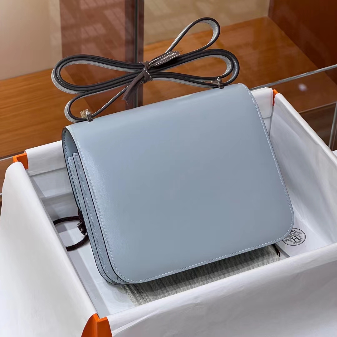 Birkinmm 铂金女王 HERMES 爱马仕 Constance 19CM BOX皮 J7 Bleu Un亚麻蓝 进口蜜蜡线 全手工制作