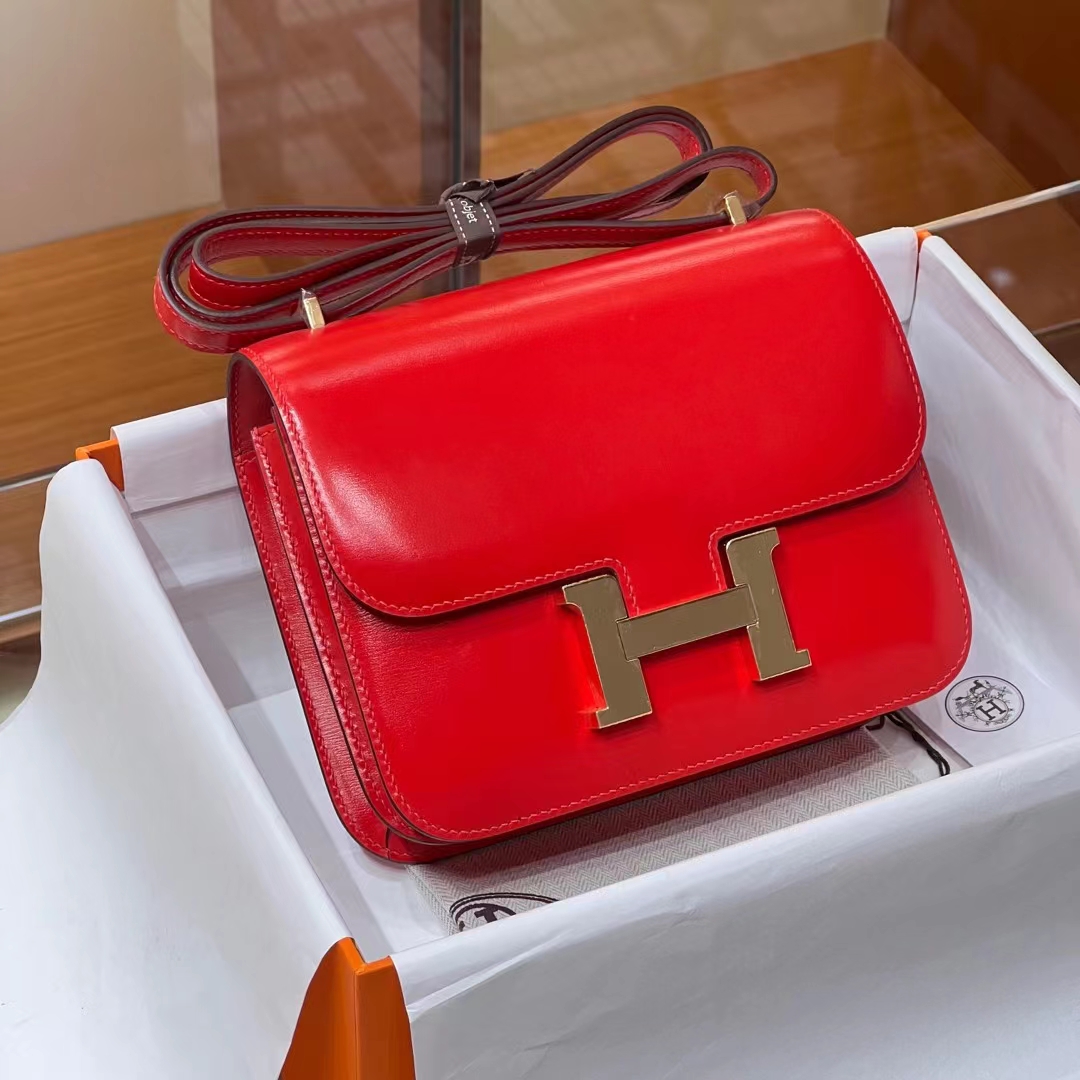 Birkinmm 铂金女王 HERMES 爱马仕 Constance 19CM BOX皮 S5 Rouge Tomate番茄红 进口蜜蜡线 全手工制作