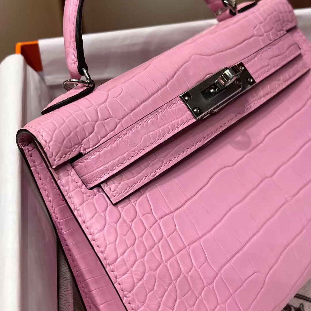 HERMES 爱马仕 MiniKelly 2 樱花粉 3Q Alligator 美洲鳄 进口蜜蜡线 全手工制作 蜜蜡线内缝 Birkinmm 铂金女王