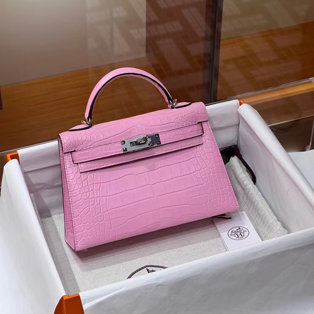 HERMES 爱马仕 MiniKelly 2 樱花粉 3Q Alligator 美洲鳄 进口蜜蜡线 全手工制作 蜜蜡线内缝 Birkinmm 铂金女王