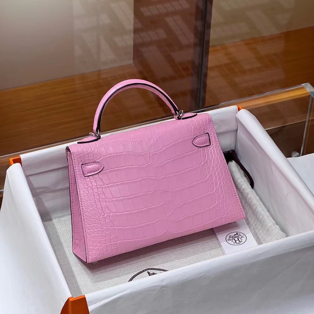 HERMES 爱马仕 MiniKelly 2 樱花粉 3Q Alligator 美洲鳄 进口蜜蜡线 全手工制作 蜜蜡线内缝 Birkinmm 铂金女王