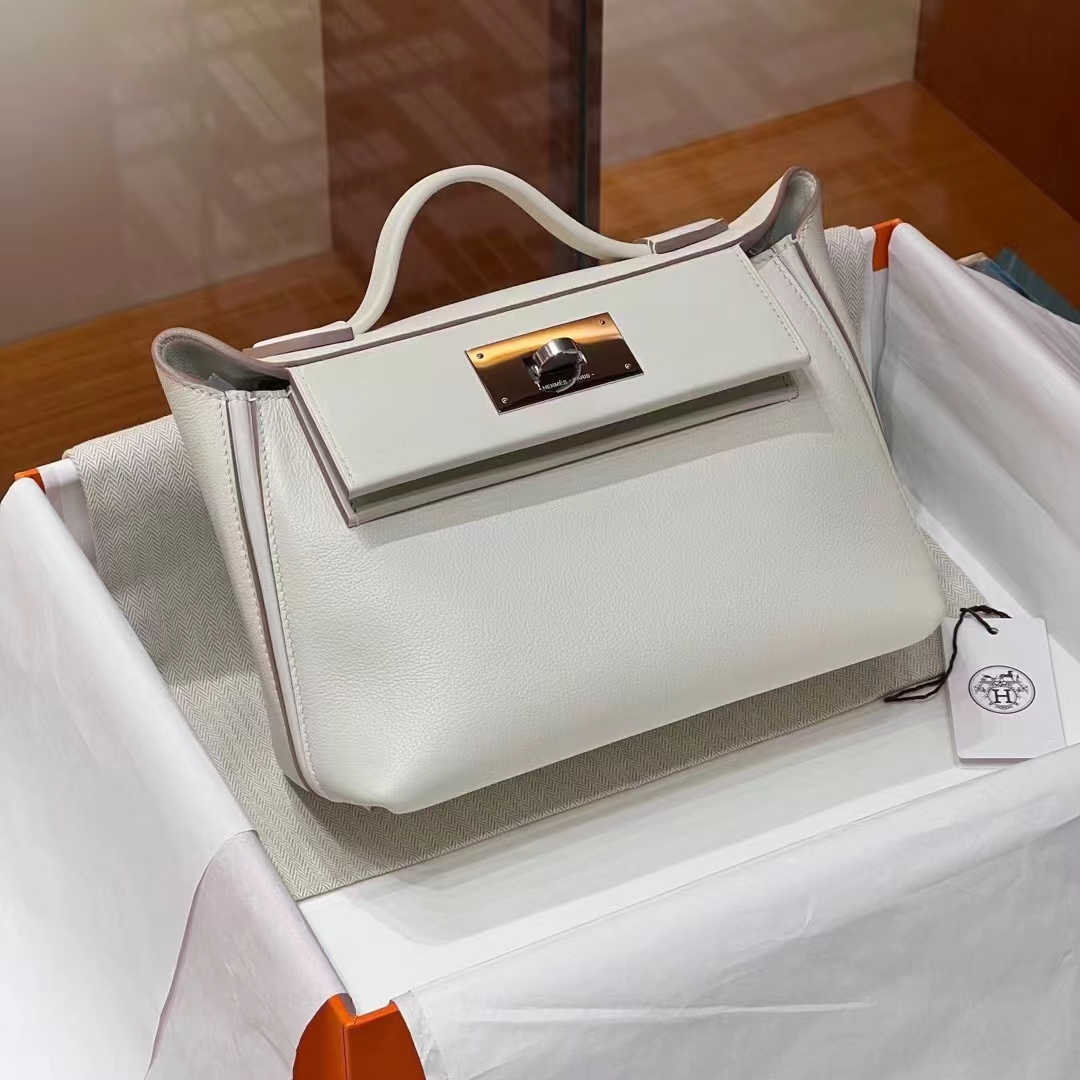 HERMES 爱马仕 【现货】 Kelly24/24 MINI 21CM Craie 10 奶昔白 Evercolor拼Swift皮 现货 进口蜜蜡线 全手工制作 铂金女王 Birkinmm