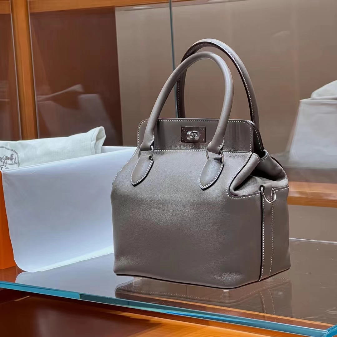 HERMES 爱马仕 Toolbox 牛奶盒 20cm 8F Etain 锡器灰 进口蜜蜡线 全手工制作