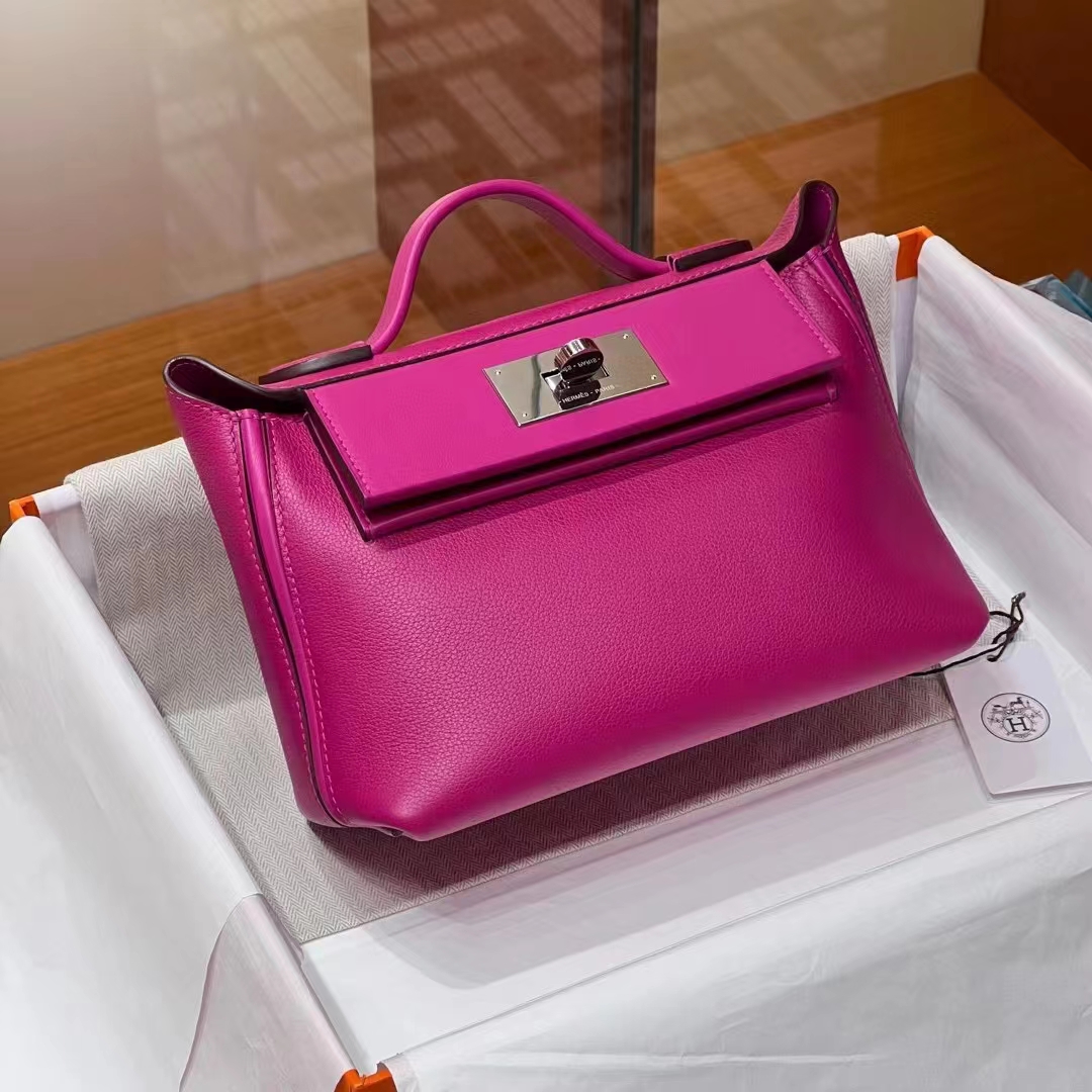 HERMES 爱马仕 【现货】 Kelly24/24 MINI 21CM 5J Fushsia悬铃花紫/桃红色 Evercolor拼Swift皮 现货 进口蜜蜡线 全手工制作 铂金女王 Birkinmm
