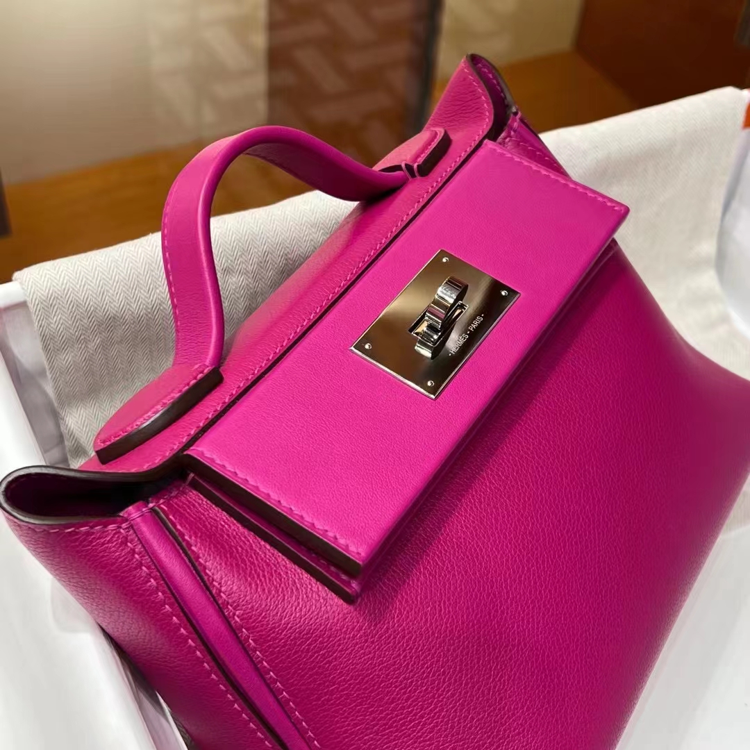 HERMES 爱马仕 【现货】 Kelly24/24 MINI 21CM 5J Fushsia悬铃花紫/桃红色 Evercolor拼Swift皮 现货 进口蜜蜡线 全手工制作 铂金女王 Birkinmm