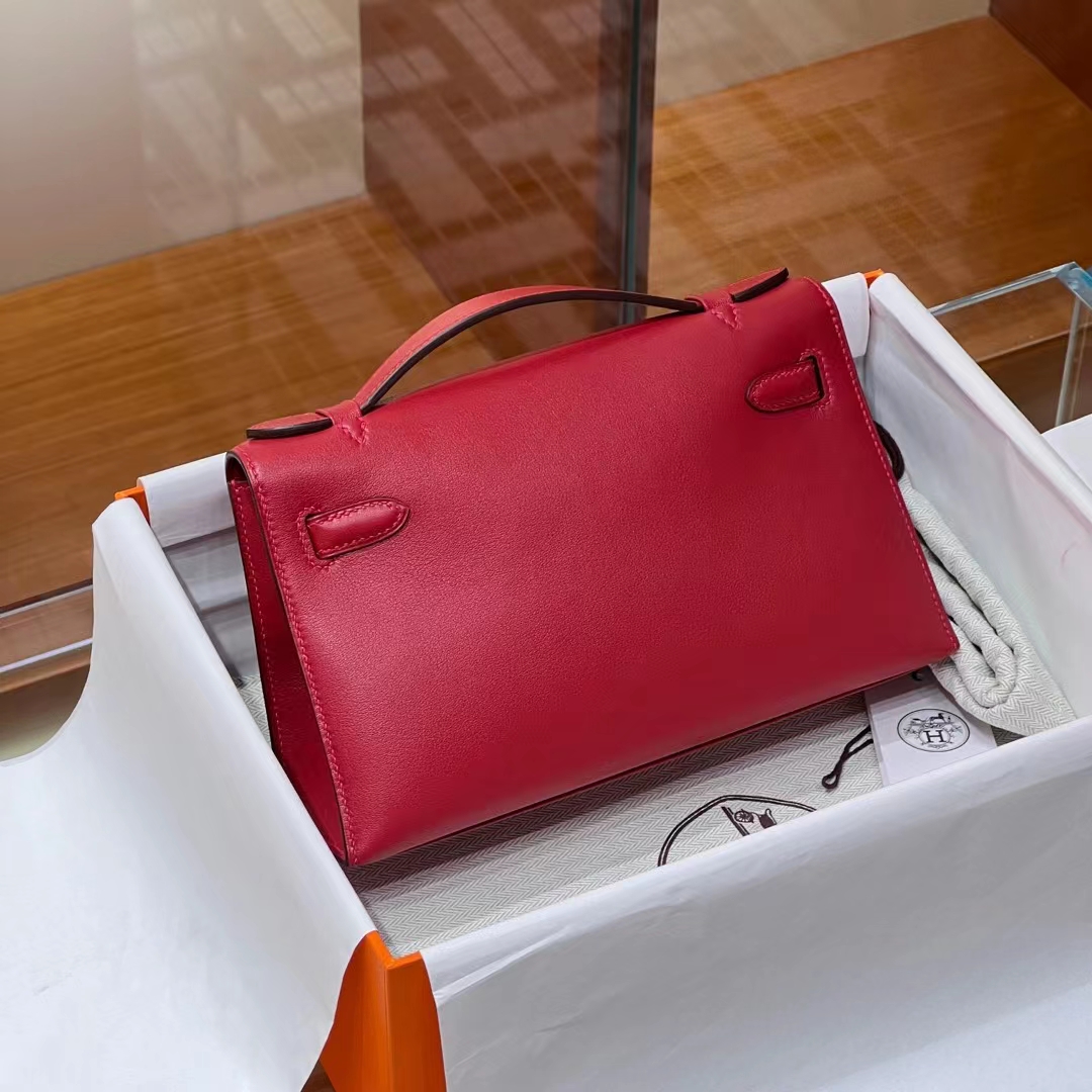 HERMES 爱马仕 MiniKelly 1 Kelly Pochetto 55 Rouge H爱马仕红 Swift  现货 进口蜜蜡线 全手工制作 铂金女王 Birkinmm