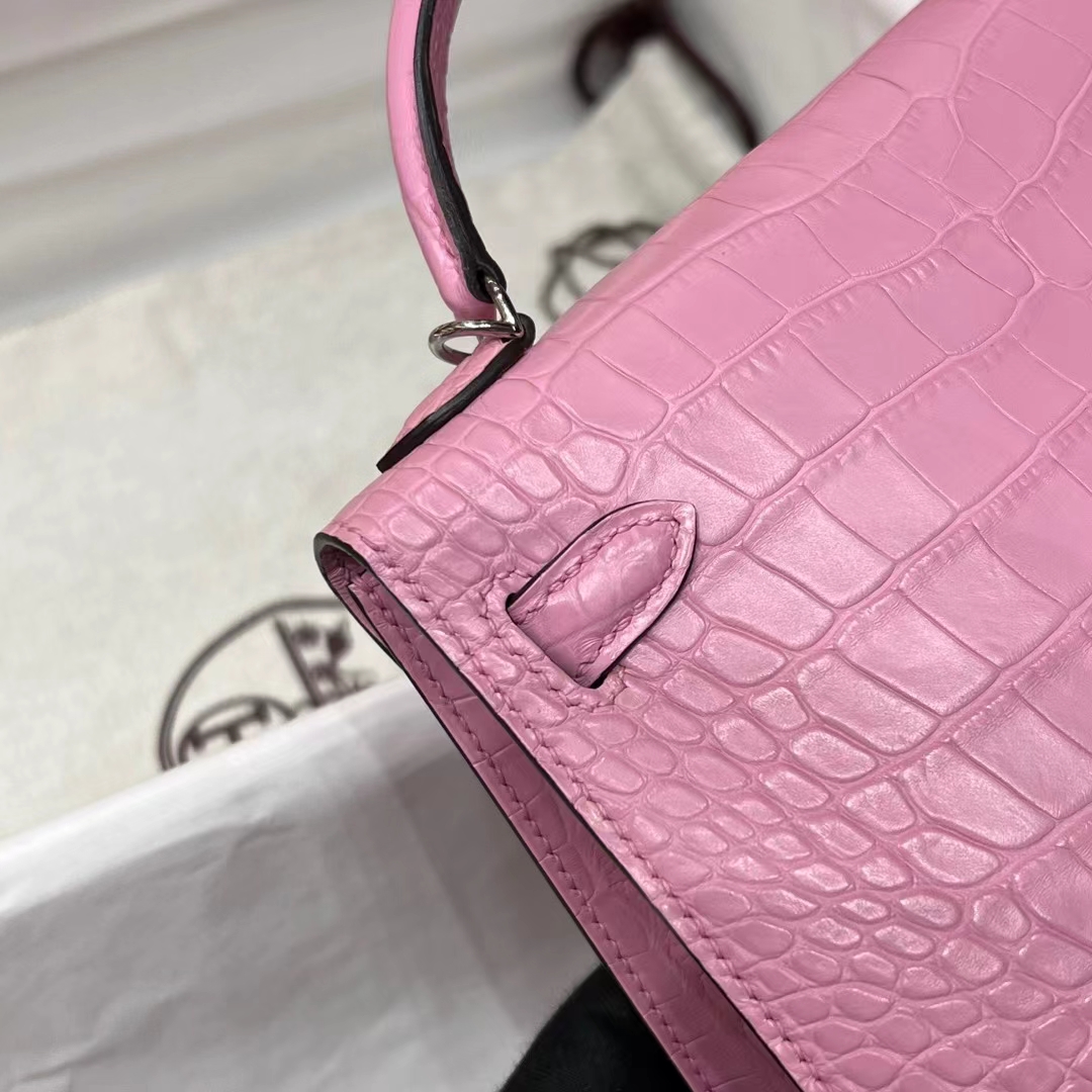 HERMES 爱马仕 MiniKelly 2 樱花粉 3Q Alligator 美洲鳄 进口蜜蜡线 全手工制作 蜜蜡线内缝 Birkinmm 铂金女王