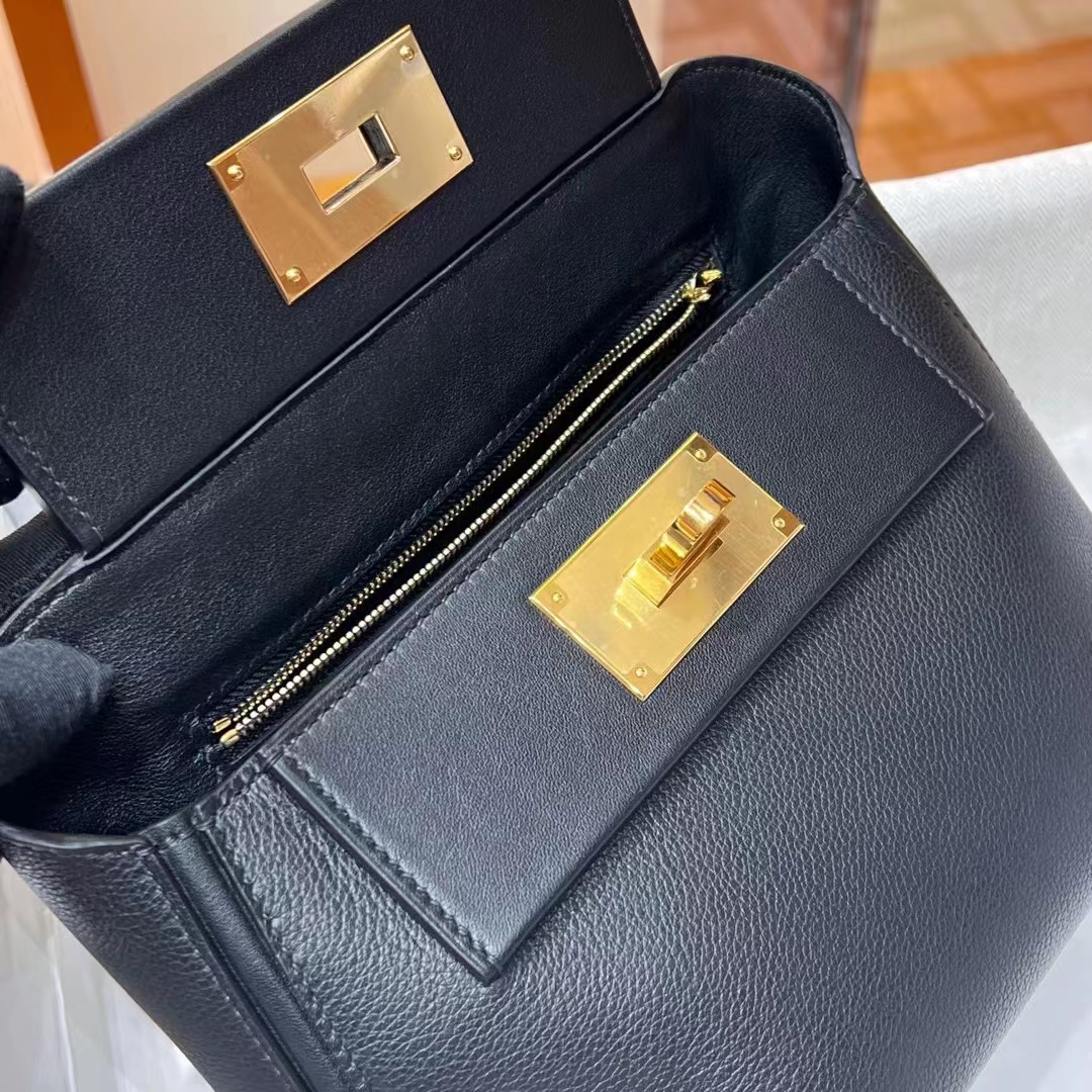 HERMES 爱马仕 【现货】 Kelly24/24 MINI 21CM CC89 Nior 经典黑 Evercolor拼Swift皮 现货 进口蜜蜡线 全手工制作 铂金女王 Birkinmm