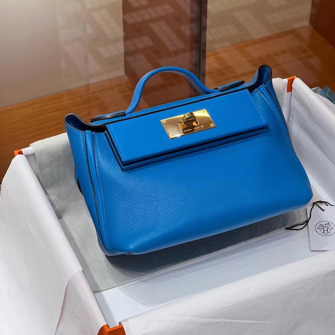 HERMES 爱马仕 【现货】 Kelly24/24 MINI 21CM 71 Bleu France法国蓝 Evercolor拼Swift皮 现货 进口蜜蜡线 全手工制作 铂金女王 Birkinmm