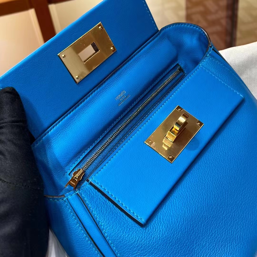 HERMES 爱马仕 【现货】 Kelly24/24 MINI 21CM 71 Bleu France法国蓝 Evercolor拼Swift皮 现货 进口蜜蜡线 全手工制作 铂金女王 Birkinmm