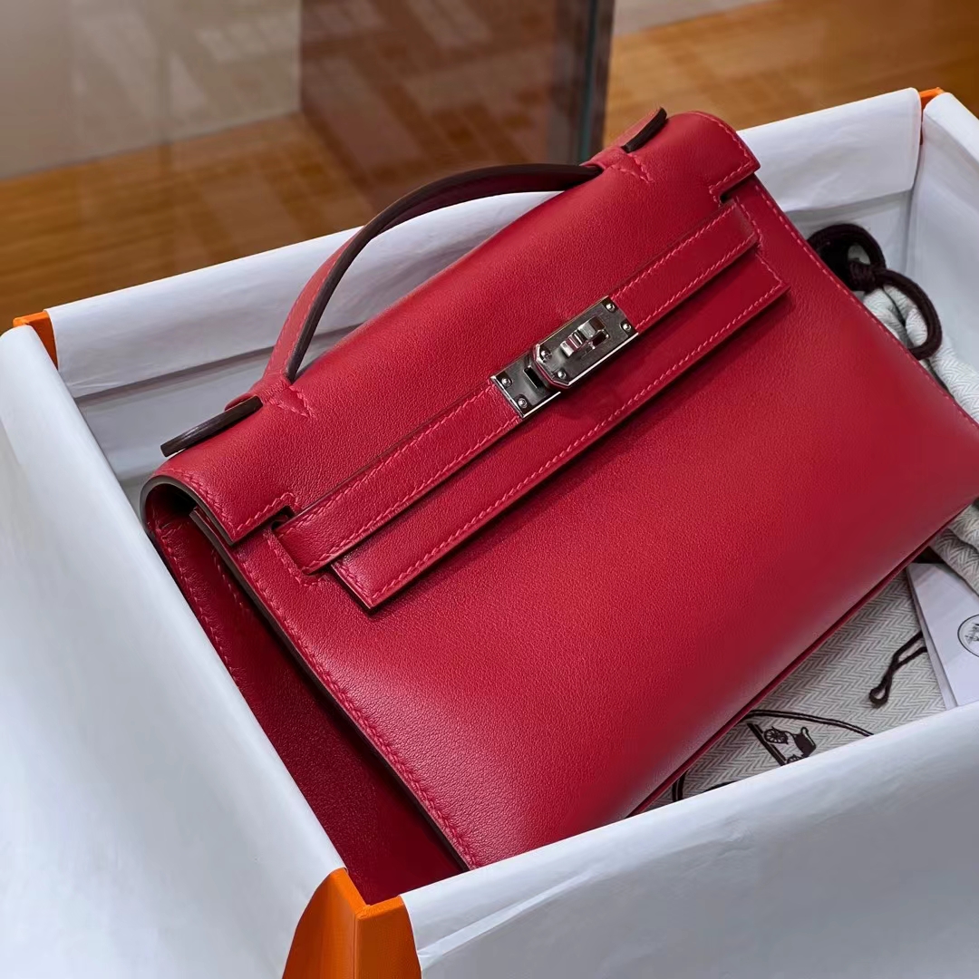 HERMES 爱马仕 MiniKelly 1 Kelly Pochetto 55 Rouge H爱马仕红 Swift  现货 进口蜜蜡线 全手工制作 铂金女王 Birkinmm