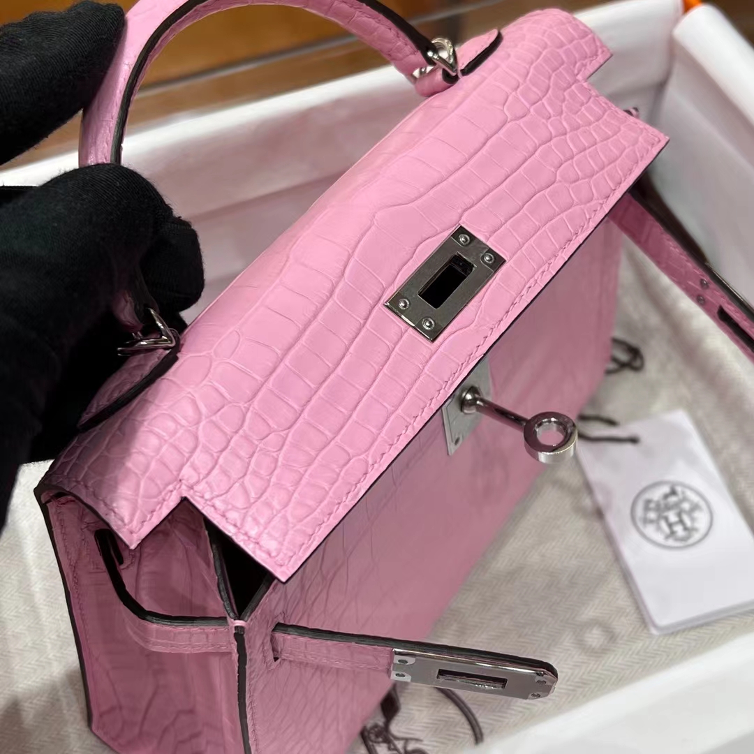 HERMES 爱马仕 MiniKelly 2 樱花粉 3Q Alligator 美洲鳄 进口蜜蜡线 全手工制作 蜜蜡线内缝 Birkinmm 铂金女王