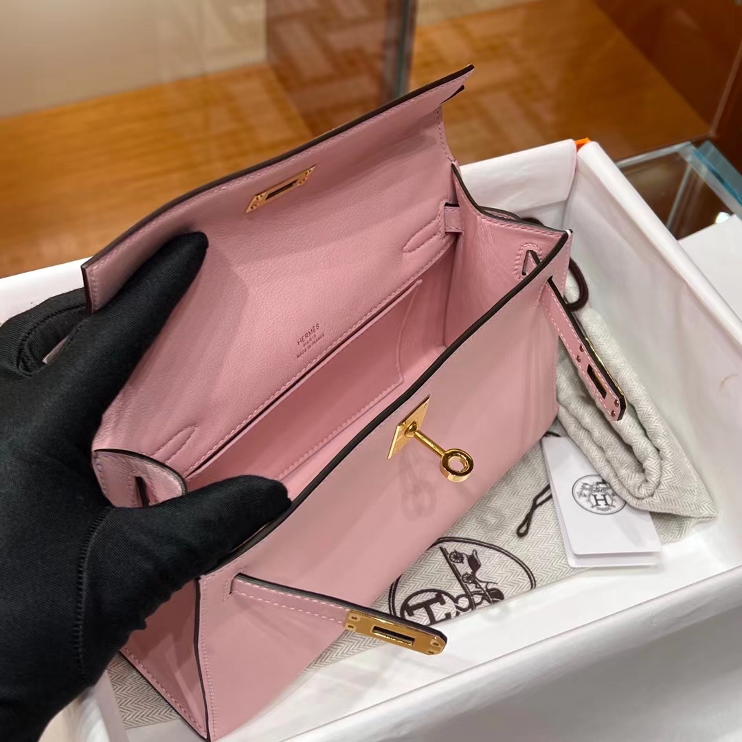 HERMES 爱马仕 MiniKelly 1 Kelly Pochetto 3Q 樱花粉【现货】Swift  现货 进口蜜蜡线 全手工制作 铂金女王 Birkinmm