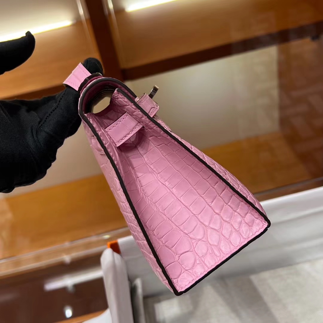 HERMES 爱马仕 MiniKelly 1 樱花粉 3Q Alligator 美洲鳄 进口蜜蜡线 全手工制作 蜜蜡线内缝 Birkinmm 铂金女王