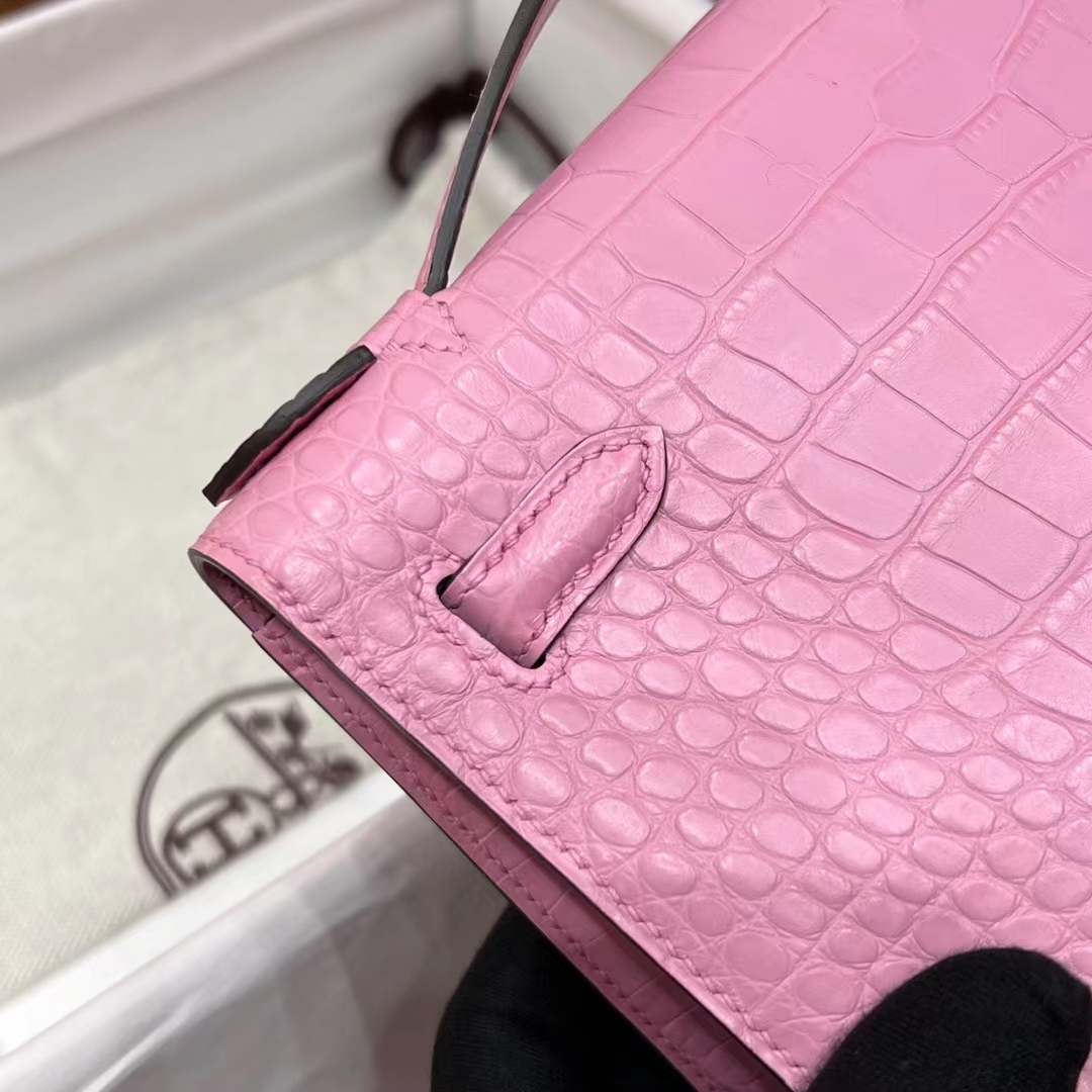 HERMES 爱马仕 MiniKelly 1 樱花粉 3Q Alligator 美洲鳄 进口蜜蜡线 全手工制作 蜜蜡线内缝 Birkinmm 铂金女王