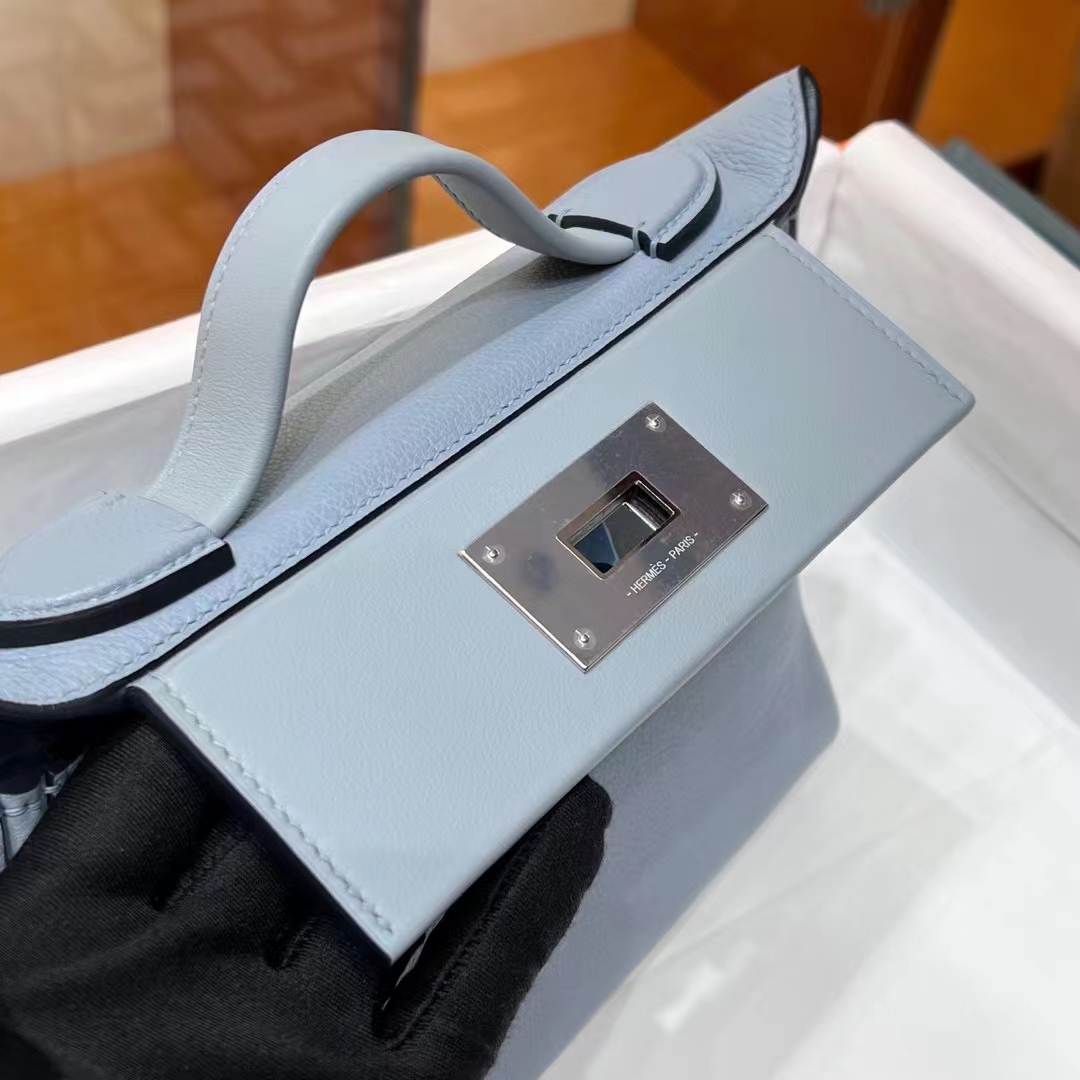 HERMES 爱马仕 【现货】 Kelly24/24 MINI 21CM J7 Bleu Un亚麻蓝 Evercolor拼Swift皮 现货 进口蜜蜡线 全手工制作 铂金女王 Birkinmm