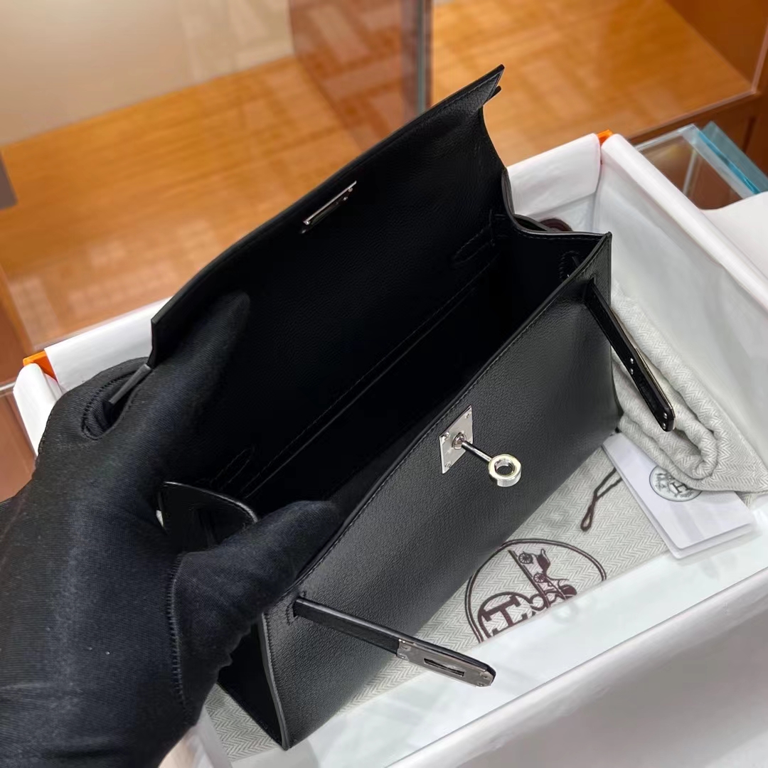 HERMES 爱马仕 MiniKelly 1 Kelly Pochetto CC89 Nior 经典黑 山羊皮  现货 进口蜜蜡线 全手工制作 铂金女王 Birkinmm