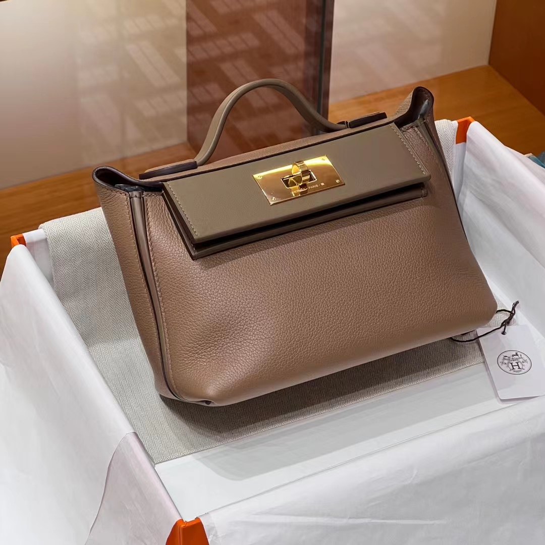 HERMES 爱马仕 现货 MINI Kelly24/24 21CM D0 魏玛犬米色 拼 8C Gri Elephant 大象灰 现货 进口蜜蜡线 全手工制作 铂金女王 Birkinmm