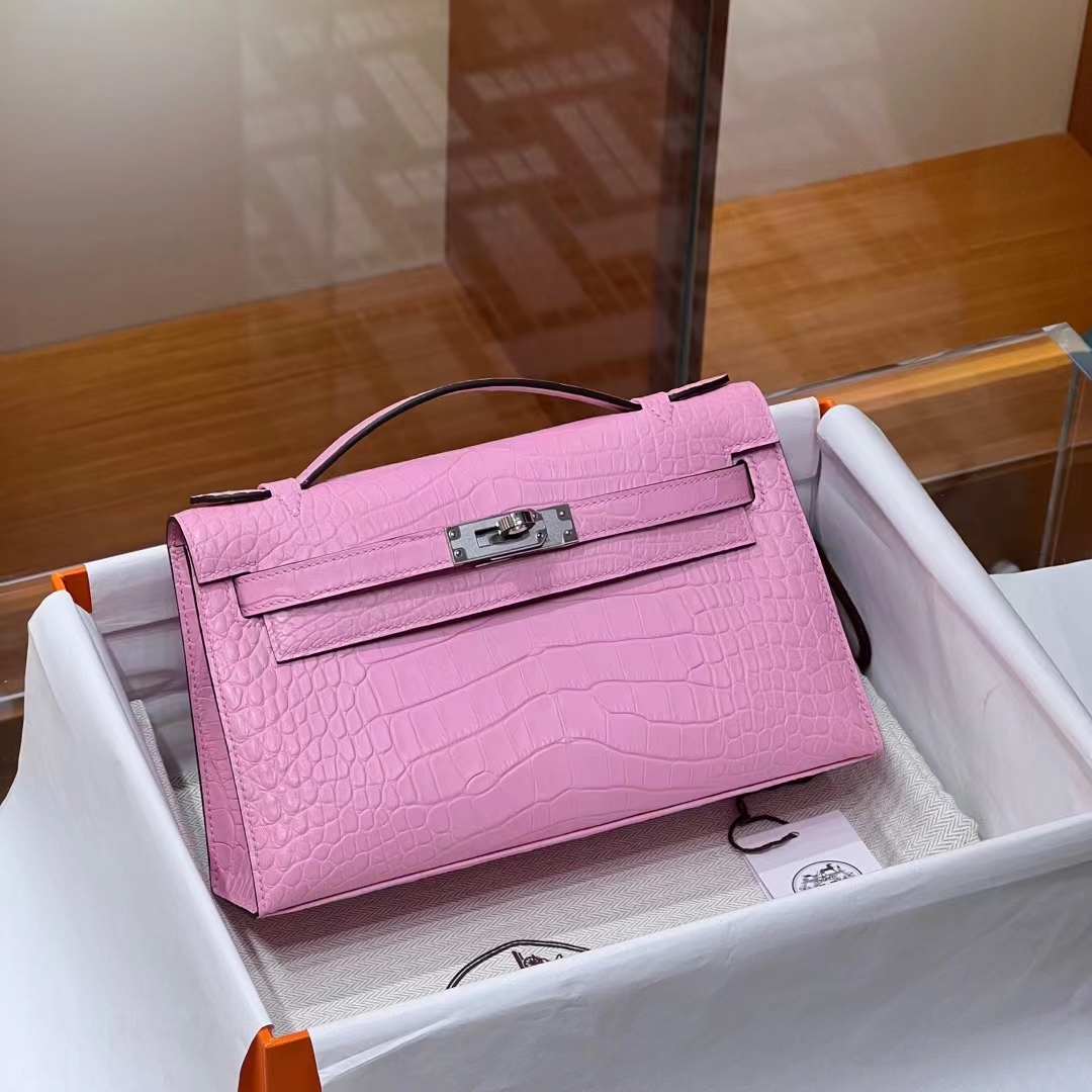 HERMES 爱马仕 MiniKelly 1 樱花粉 3Q Alligator 美洲鳄 进口蜜蜡线 全手工制作 蜜蜡线内缝 Birkinmm 铂金女王