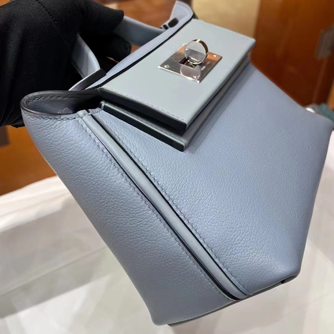 HERMES 爱马仕 【现货】 Kelly24/24 MINI 21CM J7 Bleu Un亚麻蓝 Evercolor拼Swift皮 现货 进口蜜蜡线 全手工制作 铂金女王 Birkinmm